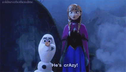 anna and olaf from the movie frozen are standing next to each other and talking to each other .