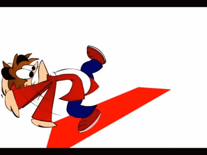 a cartoon character is running on a red carpet