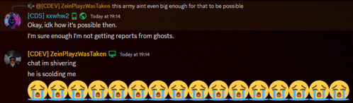 a screenshot of a conversation between someone named cdev and someone named zeinplayzwastaken
