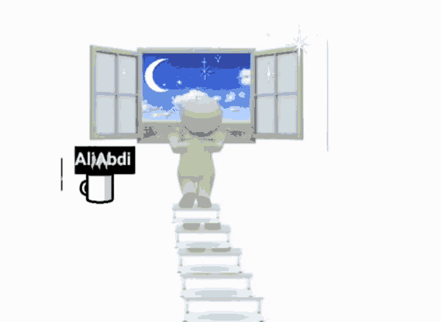 a 3d man stands on a set of stairs looking out a window with a sign above him that says aliabdi