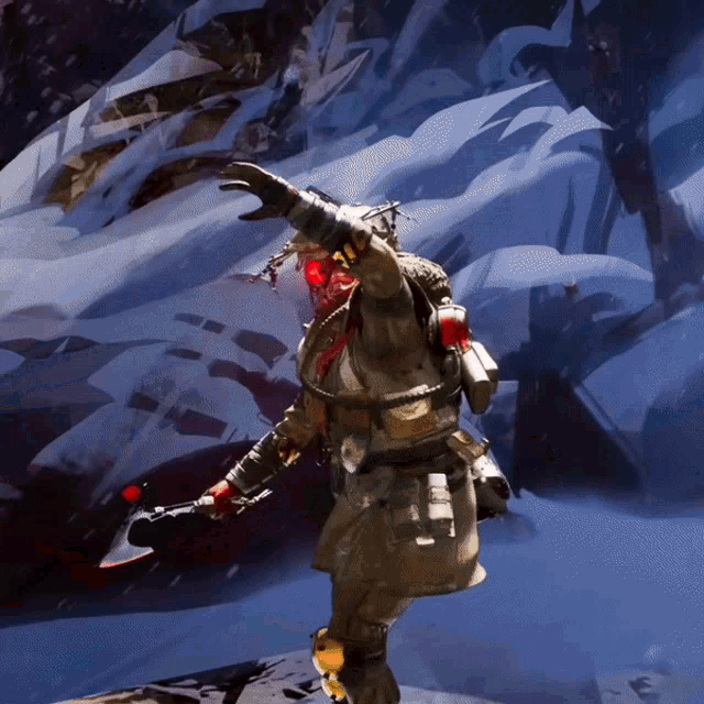 a painting of a person holding a axe in the snow