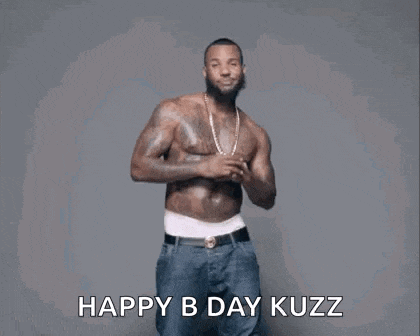 a shirtless man is dancing with the words `` happy b day kuzz '' written below him .