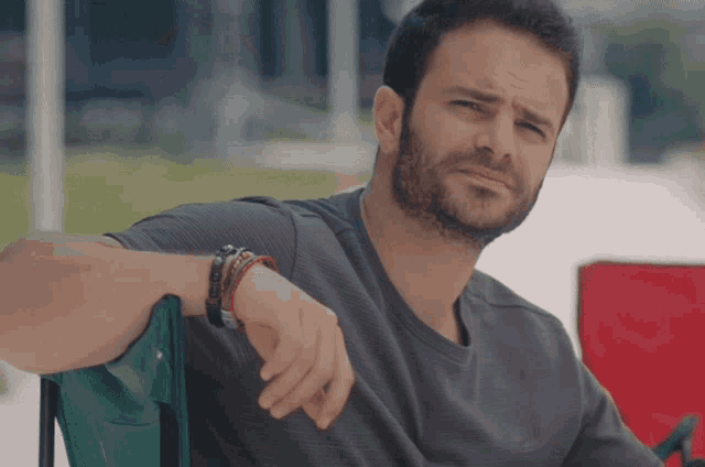 a man with a beard and bracelets on his wrist looks at the camera