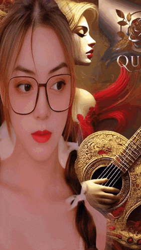 a woman with glasses holds a guitar in front of a painting of a woman