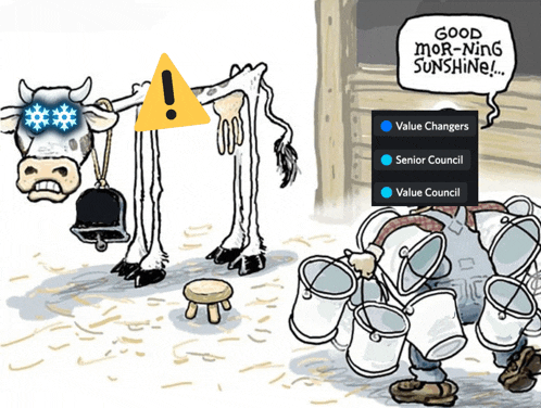 a cartoon of a cow and a man with buckets of milk says good morning sunshine value changers senior council value council