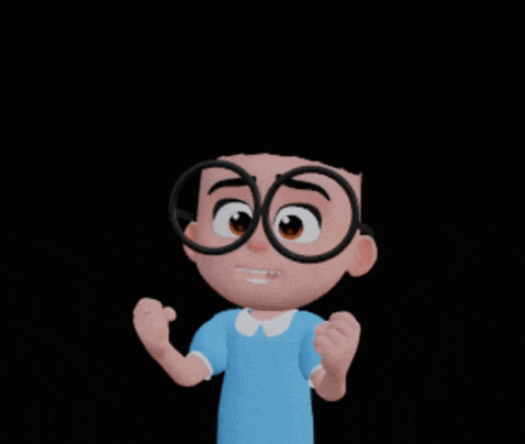 a cartoon boy wearing glasses and a blue shirt is flexing his muscles