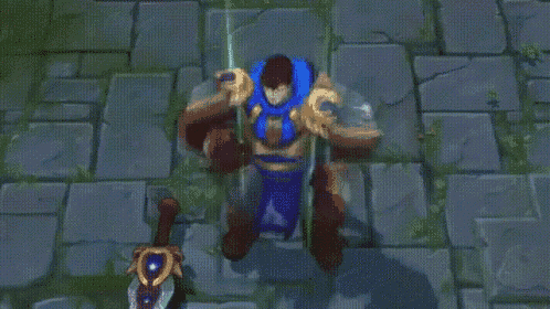 a man in a blue shirt is holding a sword and shield in a video game