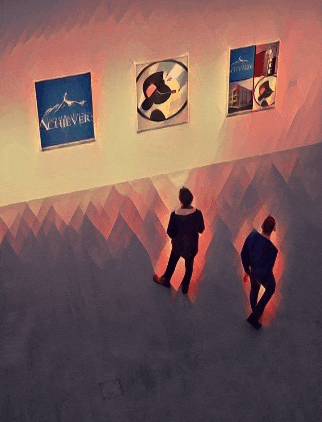 two men are looking at a painting that says achiever on it