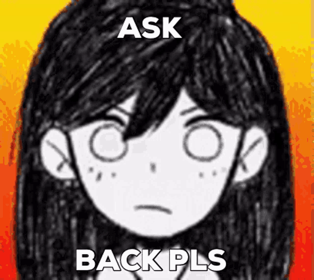 a black and white drawing of a girl with long black hair and the words `` ask back pls '' .