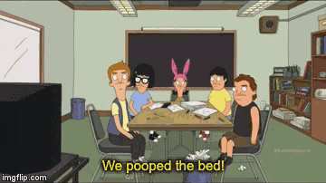 a group of cartoon characters are sitting around a table with the words we pooped the bed below them