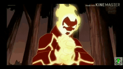 a cartoon character from ben 10 is standing in the woods with a fireball in his hand .
