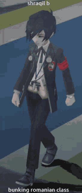 a man in a suit and tie is walking down a street with the words shragil b bunking romanian class on the bottom