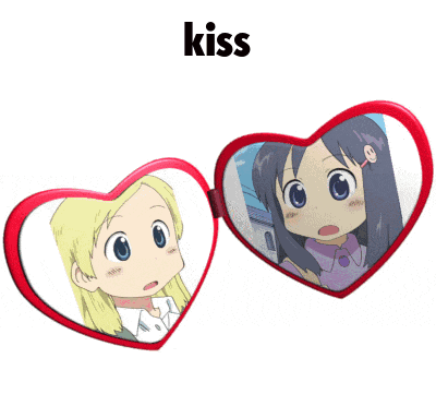 a heart shaped mirror with two anime girls on it and the word kiss above it