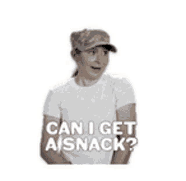 a man wearing a hat and a white shirt is asking can i get a snack ?