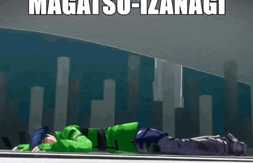 a cartoon character is laying on a railing with the words magatsu- izanagi written above them