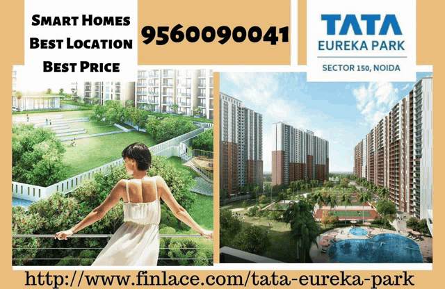 an advertisement for tata eureka park showing a woman on a balcony