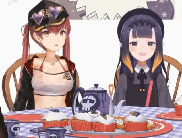 two anime girls are sitting at a table with cupcakes on it