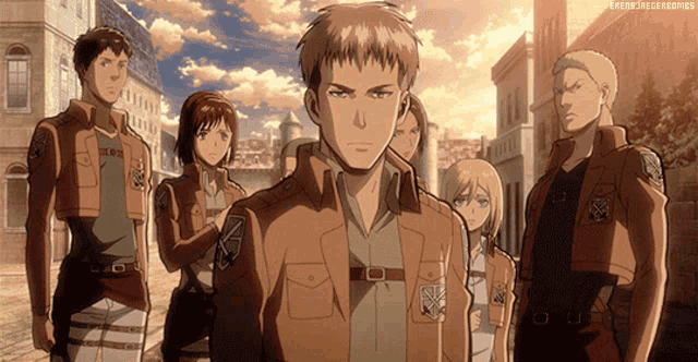 a group of anime characters are standing in front of a building with a watermark that says ' freak accessories '