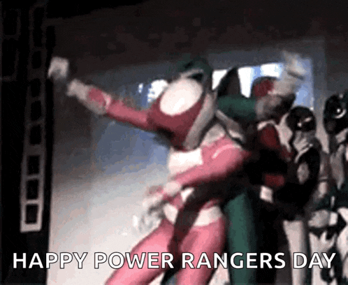 a group of power rangers are celebrating power rangers day by dancing