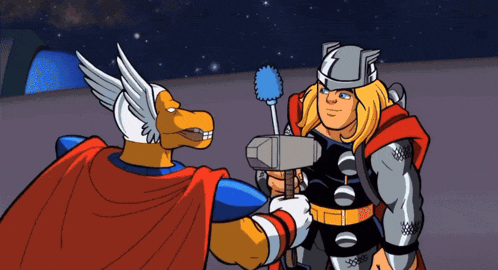 a cartoon of thor holding a hammer standing next to a dragon