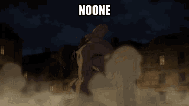 the word noone is on a dark background with buildings in the background