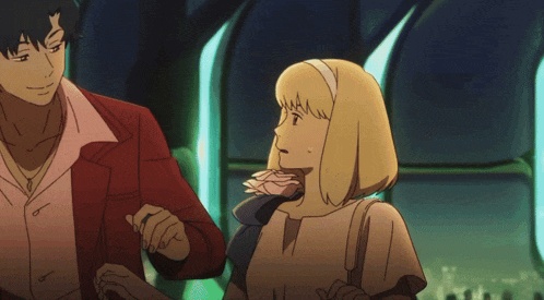 a man in a red jacket holds a woman 's hand in a cartoon scene