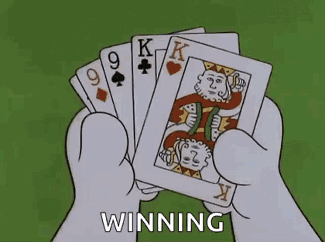 a cartoon of a person holding a fan of playing cards .