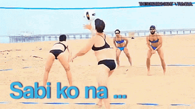 two men in bikinis on the beach with sabi ko na written on the bottom