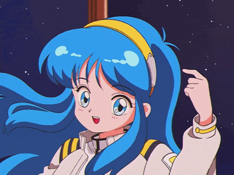 a girl with blue hair is wearing headphones and a white jacket