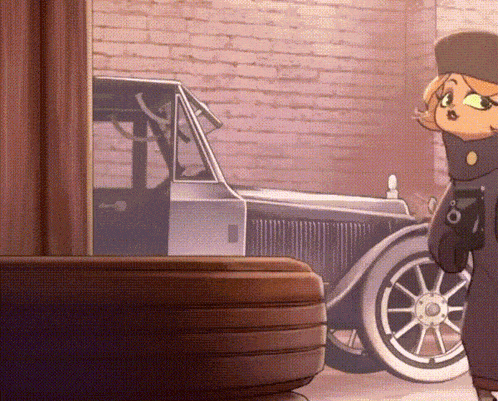 a cartoon character is standing in front of an old fashioned car