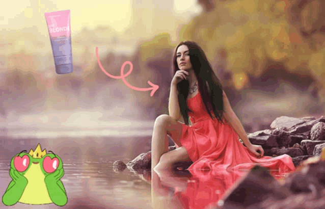 a woman in a pink dress sits in the water next to a bottle of blonde