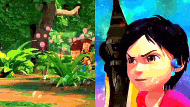 a girl in a pink shirt is standing in front of a tree in a cartoon scene .