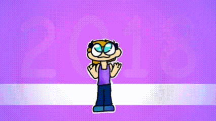 a cartoon character is standing in front of a pink and white striped background with the number 2018 .