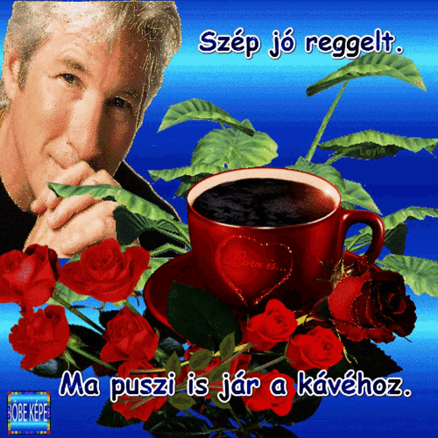 a man sits next to a cup of coffee and roses with a blue background