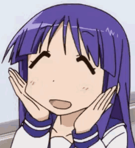 a cartoon girl with purple hair is making a funny face .