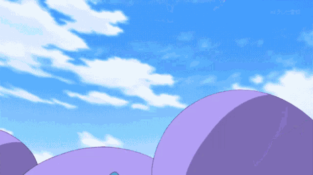 a blue sky with white clouds and purple circles
