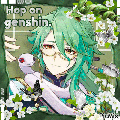 a picture of a girl with green hair and a snake with the words hop on genshin written on it
