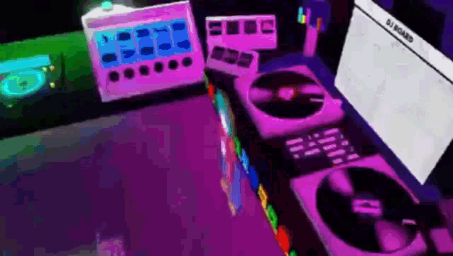 a computer generated image of a dj booth with a purple light behind it .