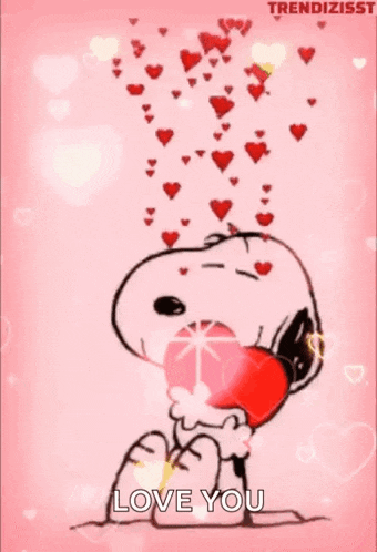 snoopy is holding a heart in his mouth with hearts coming out of it and saying `` love you '' .