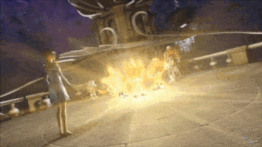a girl in a white dress is standing in a circle in front of a building surrounded by fire .