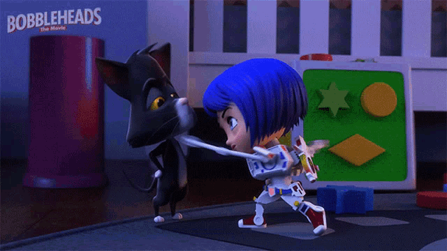 a movie poster for bobbleheads the movie shows a cat and a girl