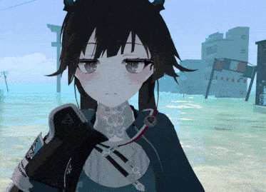 a girl with horns is wearing a jacket that says ' tokyo ghoul ' on the sleeves