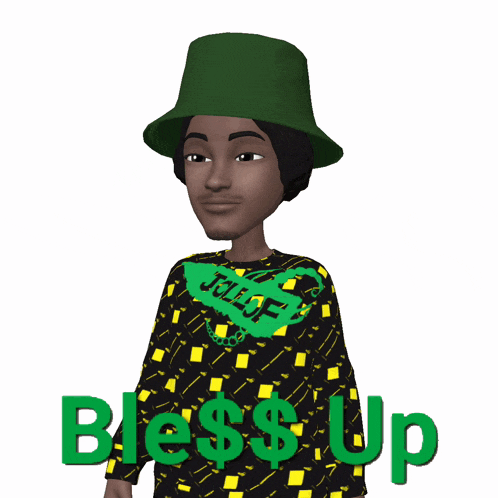 a cartoon of a man wearing a green hat and a sweater that says bless up on it