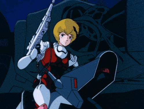 a cartoon drawing of a woman holding a gun with a red arrow pointing to the right
