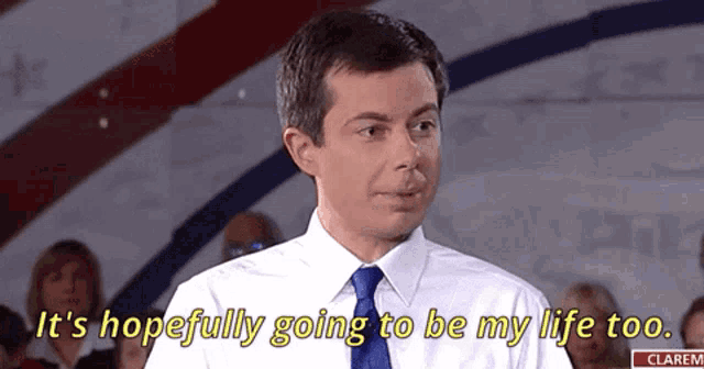 a man in a white shirt and tie says " it 's hopefully going to be my life too "