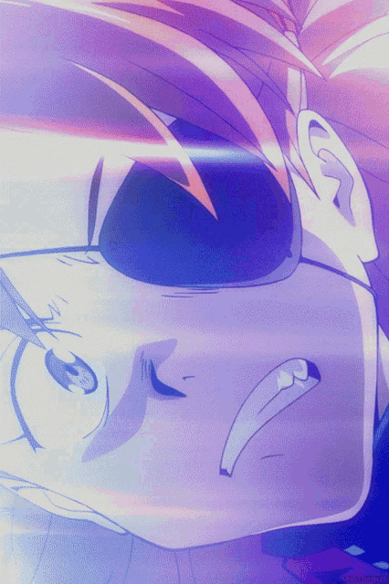 a close up of a person 's face with a purple background and a purple light coming out of it