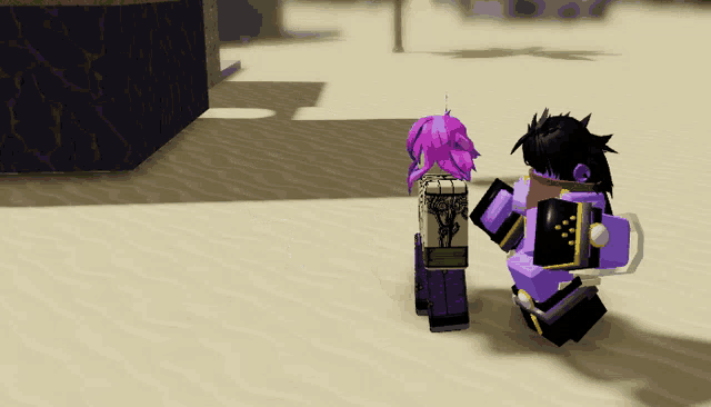a video game character with purple hair and a purple outfit
