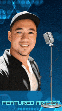 a picture of a man with a microphone and the words featured artist on the bottom