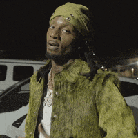 a man wearing a green hat and a green jacket is standing in front of a white van .