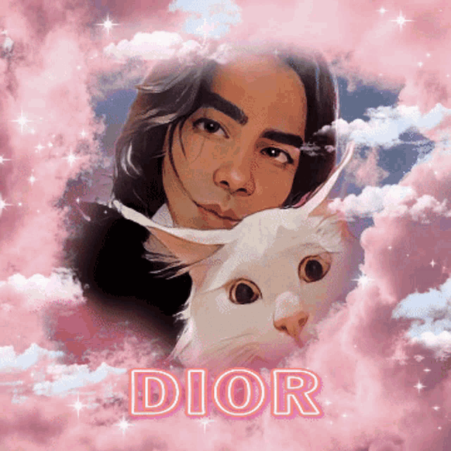 a picture of a woman holding a white cat with the word dior written on the bottom